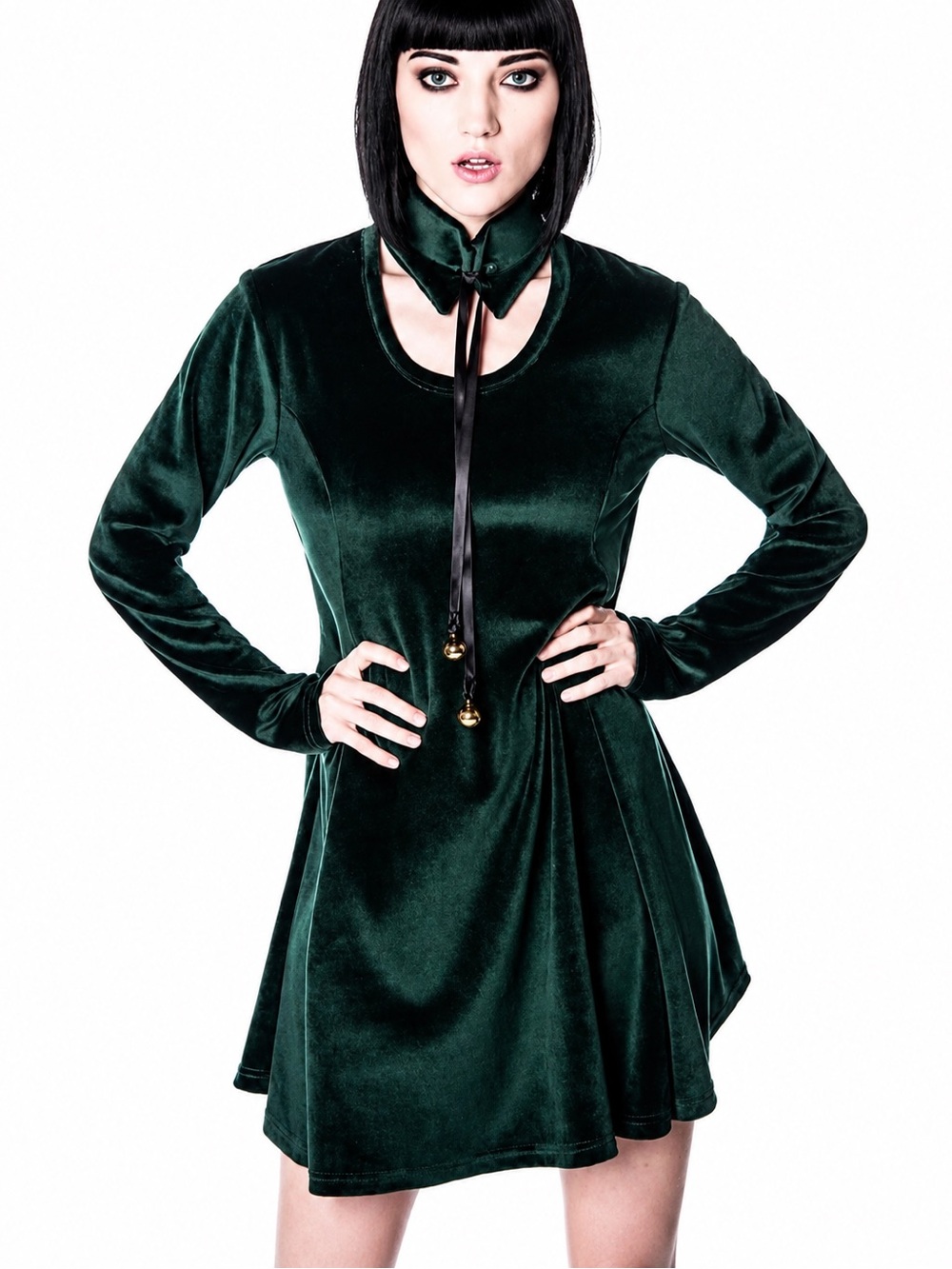 Killstar Emerald Green Velvet Pussybow Mini Dress Gothic Witchy Tie Neck Size L